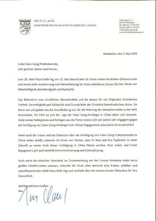 Image for article Hesse, Jerman: Pejabat Terpilih Mengucapkan Selamat untuk Hari Falun Dafa Sedunia