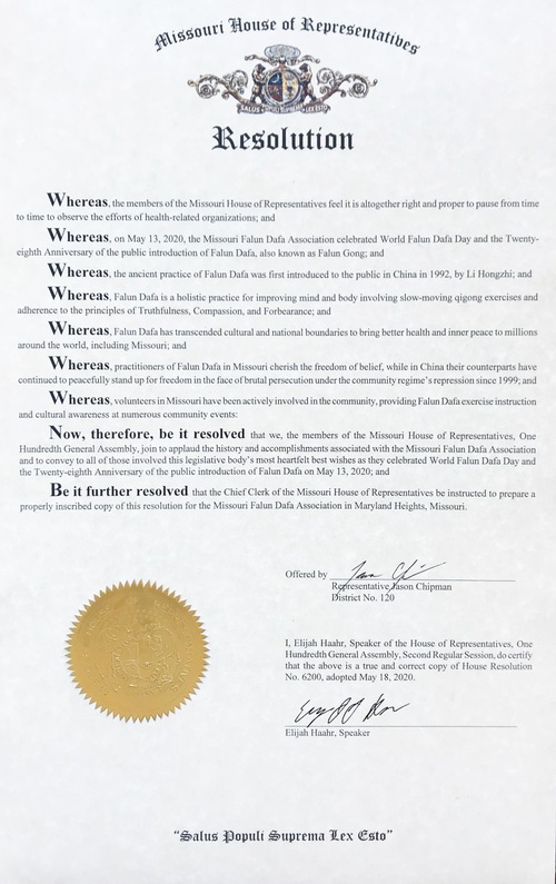 Image for article Perwakilan Negara Bagian Missaouri Mengakui Hari Falun Dafa Sedunia
