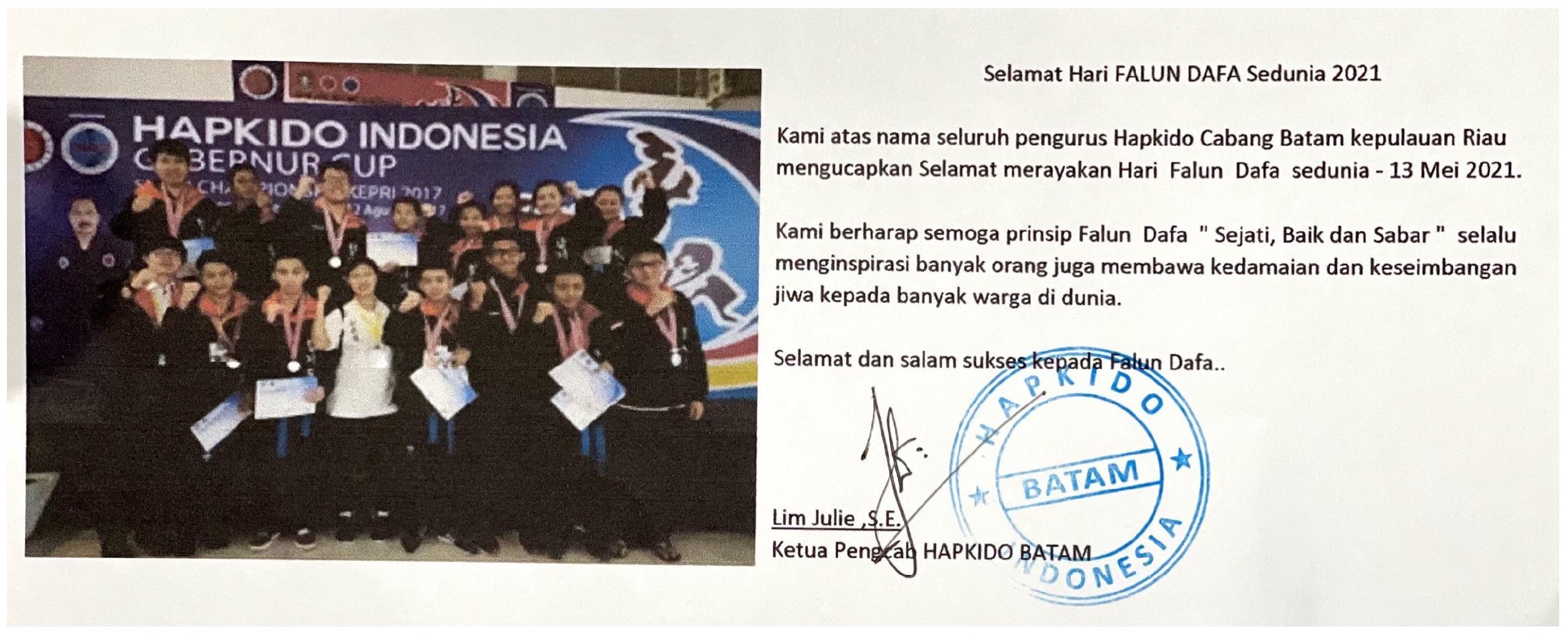 Image for article Batam: Ketua Pengcab Hapkido Batam Mengucapkan Selamat Hari Falun Dafa Sedunia 2021