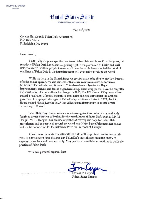 Image for article Delaware: Senator Amerika Serikat Merayakan Hari Falun Dafa Sedunia
