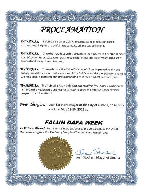 Image for article Nebraska: Walikota Omaha, Jean Stothert Memproklamasikan Minggu Falun Dafa