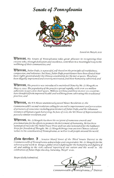 Image for article Pennsylvania: Anggota Dewan Negara Mengucapkan Selamat Hari Falun Dafa Sedunia