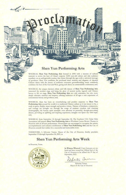 Image for article Texas: Walikota Houston Mengeluarkan Proklamasi yang Menyatakan ‘Pekan Shen Yun Performing Arts’ di Houston