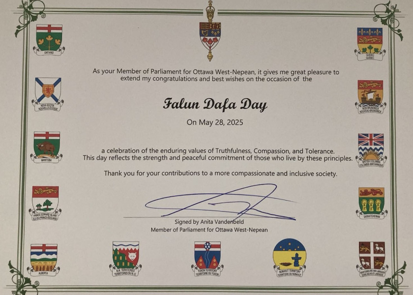 Image for article Kanada: Pejabat Terpilih di Ketiga Tingkat Pemerintahan Mengirim Surat Ucapan Selamat atas Hari Falun Dafa Sedunia ke-26 (Bagian 4)